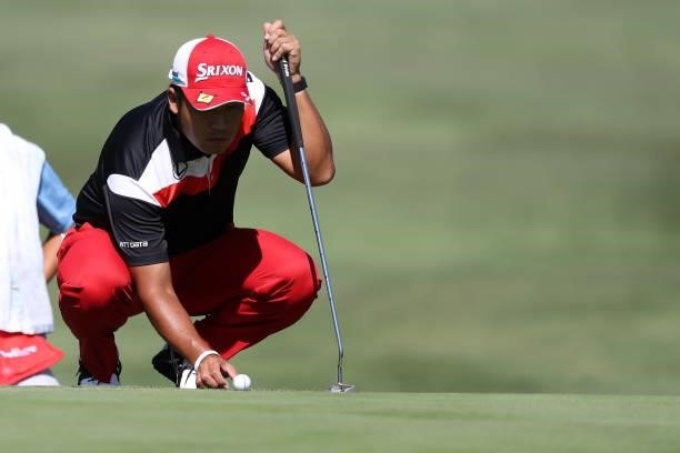 Hideki Matsuyama of Japan lines up his putt on the sixth hole green during round one of the Fortinet Championship at Silverado Resort and Spa on...