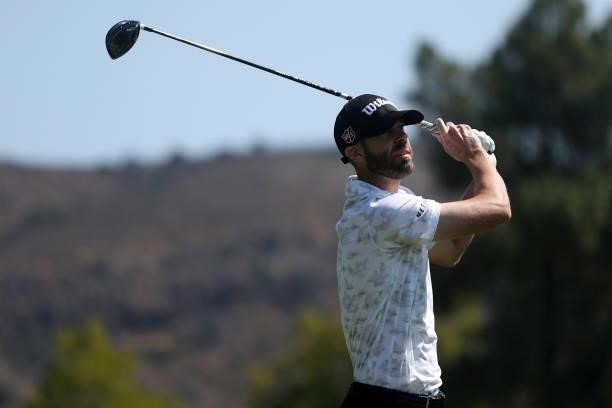 Kevin Tway hits his tee shot on the ninth hole during round one of the Fortinet Championship at Silverado Resort and Spa on September 16, 2021 in...
