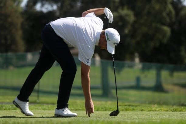 Brice Garnett tees his ball on the ninth hole during round one of the Fortinet Championship at Silverado Resort and Spa on September 16, 2021 in...
