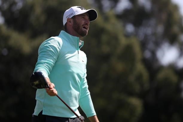 Wyndham Clark reacts to his tee shot on the ninth hole during round one of the Fortinet Championship at Silverado Resort and Spa on September 16,...