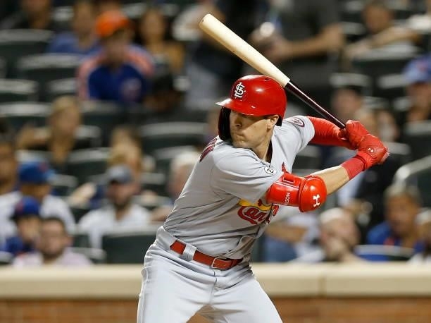 Dylan Carlson of the St. Louis Cardinals in action against the New York Mets at Citi Field on September 15, 2021 in New York City. The Cardinals...
