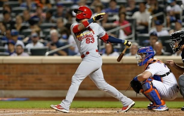 Edmundo Sosa of the St. Louis Cardinals singles during the first inning against the New York Mets at Citi Field on September 15, 2021 in New York...