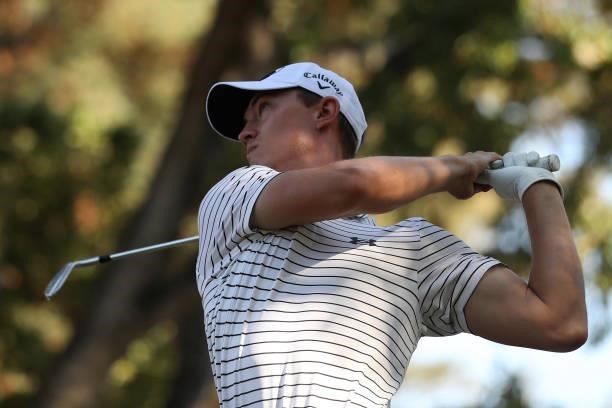 Maverick McNealy hits his tee shot on the 15th hole during round one of the Fortinet Championship at Silverado Resort and Spa on September 16, 2021...