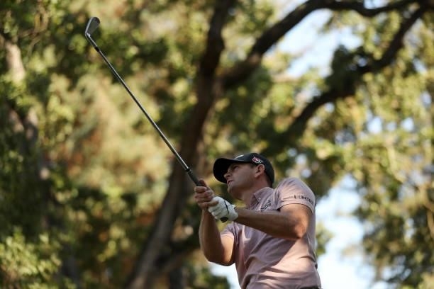 Brendan Steele hits his tee shot on the 15th hole during round one of the Fortinet Championship at Silverado Resort and Spa on September 16, 2021 in...