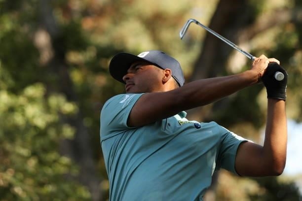 Sebastián Muñoz hits his tee shot on the 15th hole during round one of the Fortinet Championship at Silverado Resort and Spa on September 16, 2021 in...