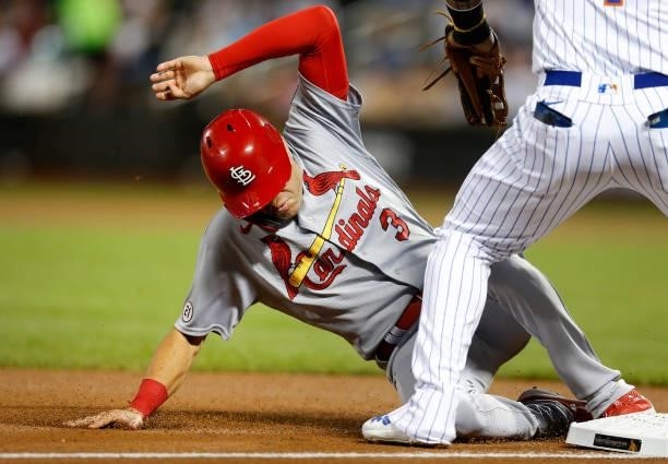 Dylan Carlson of the St. Louis Cardinals in action against the New York Mets at Citi Field on September 15, 2021 in New York City. The Cardinals...