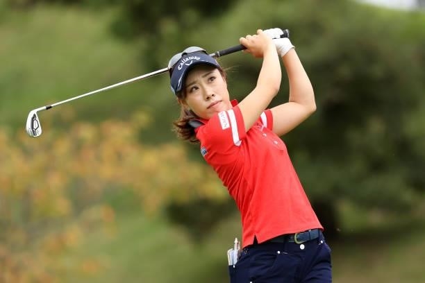 Ayako Kimura of Japan hits her tee shot on the 11th hole during the first round of the Sumitomo Life Vitality Ladies Tokai Classic at Shin Minami...