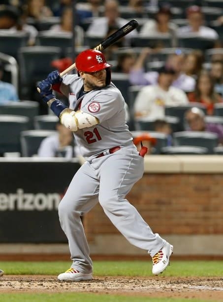 Yadier Molina of the St. Louis Cardinals in action against the New York Mets at Citi Field on September 15, 2021 in New York City. Several players...