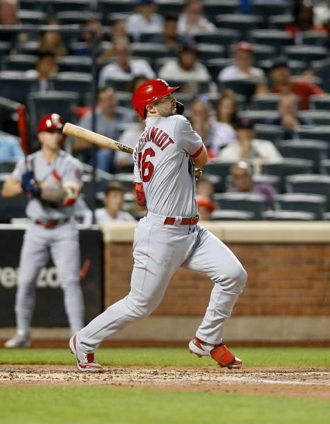 Paul Goldschmidt of the St. Louis Cardinals in action against the New York Mets at Citi Field on September 15, 2021 in New York City. The Cardinals...