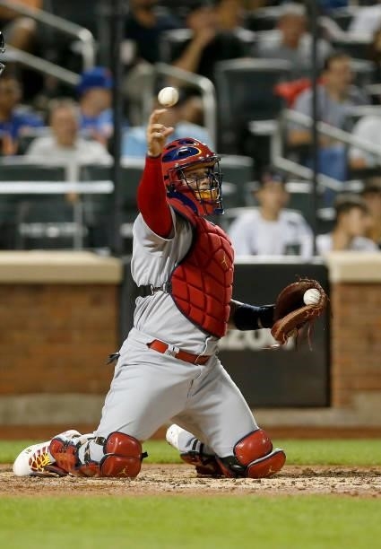 Yadier Molina of the St. Louis Cardinals in action against the New York Mets at Citi Field on September 15, 2021 in New York City. The Cardinals...
