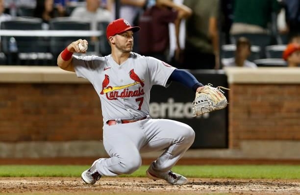 Andrew Knizner of the St. Louis Cardinals in action against the New York Mets at Citi Field on September 15, 2021 in New York City. The Cardinals...