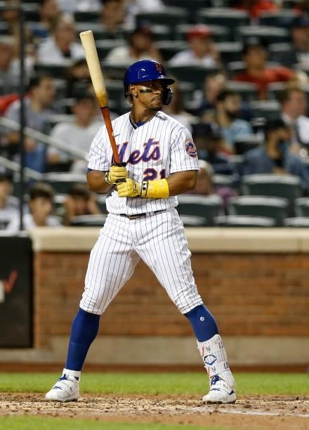Francisco Lindor of the New York Mets in action against the St. Louis Cardinals at Citi Field on September 15, 2021 in New York City. Several players...