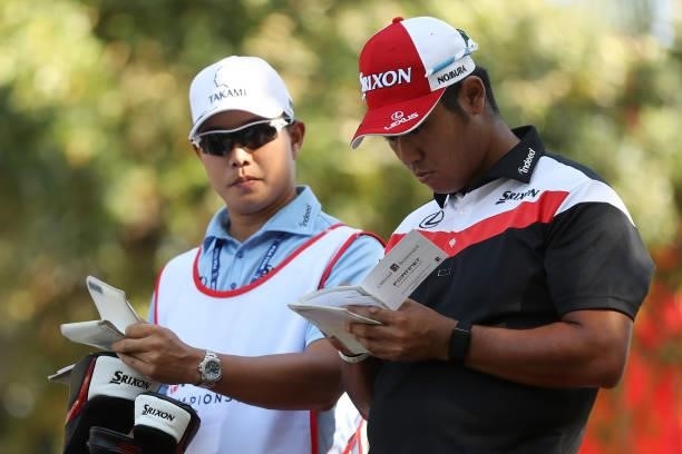 Hideki Matsuyama of Japan prepares for his tee shot on the 15th hole during round one of the Fortinet Championship at Silverado Resort and Spa on...