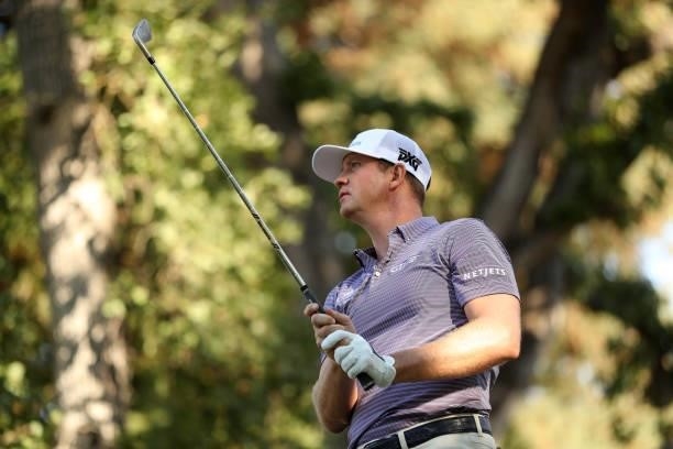 Hudson Swafford hits his tee shot on the 15th hole during round one of the Fortinet Championship at Silverado Resort and Spa on September 16, 2021 in...