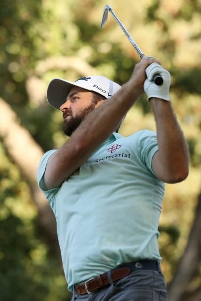 Denny McCarthy hits his tee shot on the 15th hole during round one of the Fortinet Championship at Silverado Resort and Spa on September 16, 2021 in...