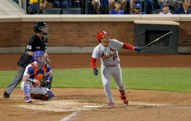 Nolan Arenado of the St. Louis Cardinals follows through on his seventh inning home run against the New York Mets at Citi Field on September 15, 2021...