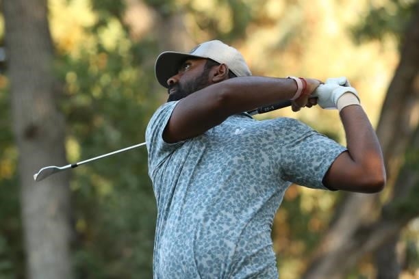 Sahith Theegala hits his tee shot on the 15th hole during round one of the Fortinet Championship at Silverado Resort and Spa on September 16, 2021 in...