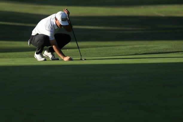Mito Pereira of Chile lines up his putt on the the 16th hole during round one of the Fortinet Championship at Silverado Resort and Spa on September...