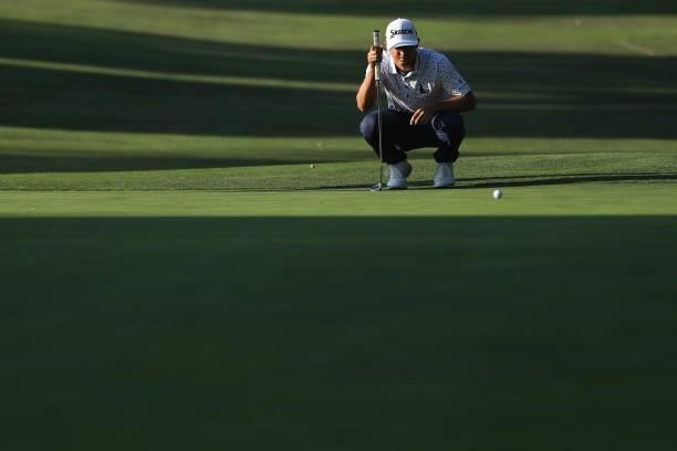 Max McGreevy lines up his putt on the 16th hole during round one of the Fortinet Championship at Silverado Resort and Spa on September 16, 2021 in...