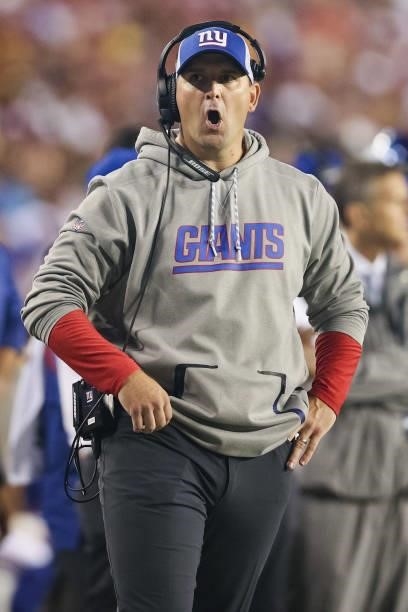 Head coach Joe Judge of the New York Giants reacts during the second quarter at FedExField on September 16, 2021 in Landover, Maryland.