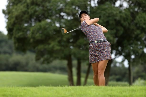 Eri Joma of Japan hits her tee shot on the 12th hole during the first round of the Sumitomo Life Vitality Ladies Tokai Classic at Shin Minami Aichi...