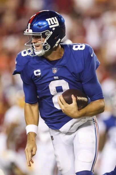 Daniel Jones of the New York Giants rushes during the second quarter against the Washington Football Team at FedExField on September 16, 2021 in...