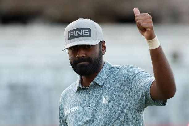 Sahith Theegala reacts after round one of the Fortinet Championship at Silverado Resort and Spa on September 16, 2021 in Napa, California.