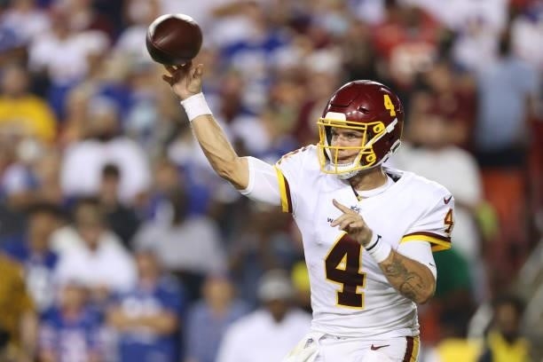 Taylor Heinicke of the Washington Football Team throws during the third quarter against the New York Giants at FedExField on September 16, 2021 in...