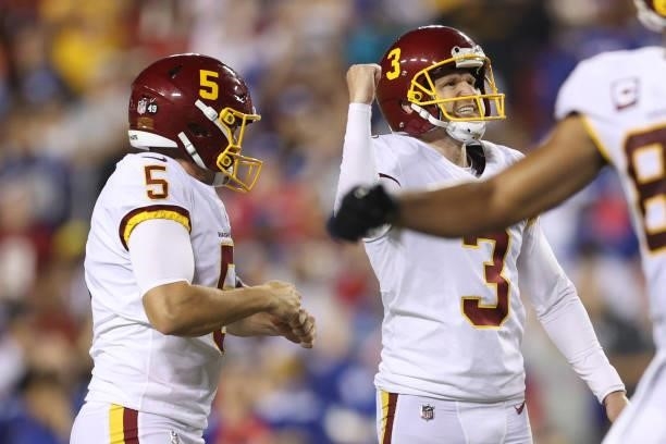 Dustin Hopkins of the Washington Football Team kicks a field goal to win the game 30-29 against the New York Giants at FedExField on September 16,...