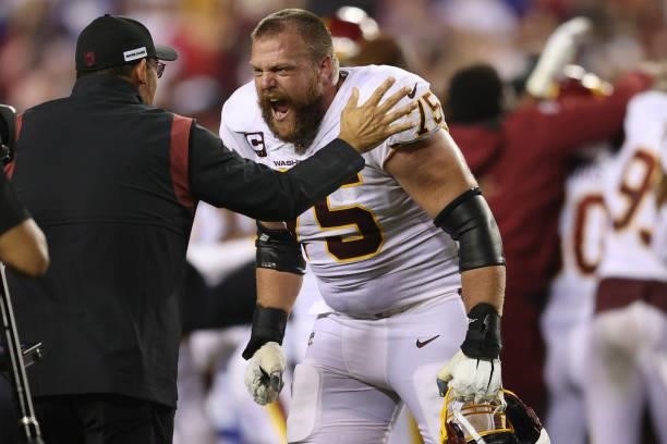 Brandon Scherff of the Washington Football Team celebrate a win over the New York Giants at FedExField on September 16, 2021 in Landover, Maryland.