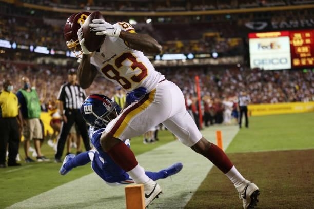 Ricky Seals-Jones of the Washington Football Team makes a reception for a touchdown during the fourth quarter against the New York Giants at...