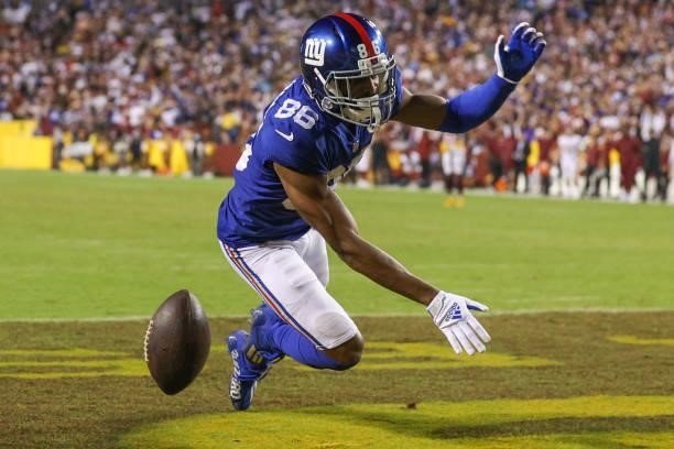 Darius Slayton of the New York Giants unable to make a reception in the endzone late in the fourth quarter against the Washington Football Team at...
