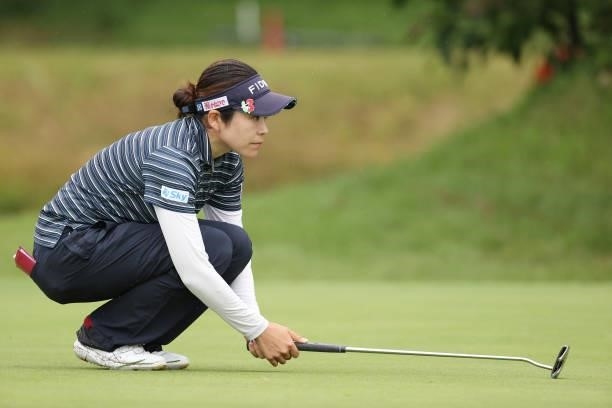 Sumika Nakasone of Japan lines pu her putt on the 9th hole during the first round of the Sumitomo Life Vitality Ladies Tokai Classic at Shin Minami...