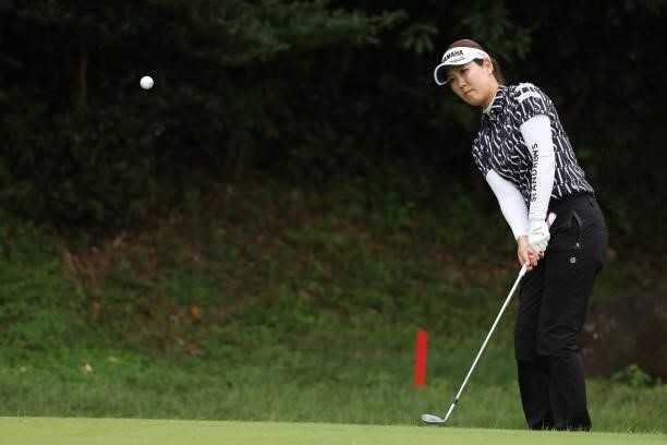 Mami Fukuda of Japan chips on the 9th hole during the first round of the Sumitomo Life Vitality Ladies Tokai Classic at Shin Minami Aichi Country...