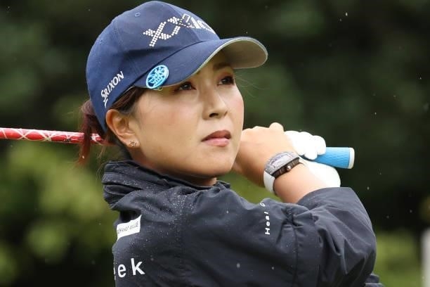 Serena Aoki of Japan hits her tee shot on the 15th hole during the first round of the Sumitomo Life Vitality Ladies Tokai Classic at Shin Minami...