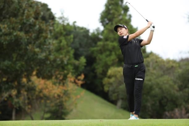 Mayu Hattori of Japan hits her tee shot on the 11th hole during the first round of the Sumitomo Life Vitality Ladies Tokai Classic at Shin Minami...