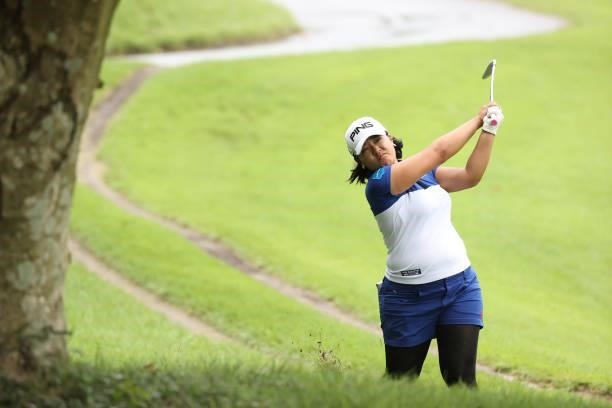 Ai Suzuki of Japan hits her second shot on the 13th hole during the first round of the Sumitomo Life Vitality Ladies Tokai Classic at Shin Minami...