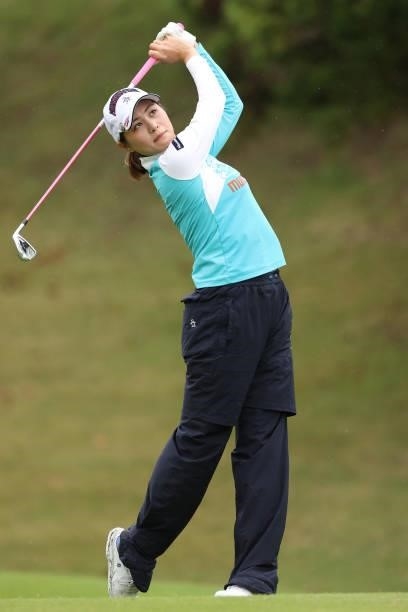 Hina Arakaki of Japan hits her tee shot on the 11th hole during the first round of the Sumitomo Life Vitality Ladies Tokai Classic at Shin Minami...
