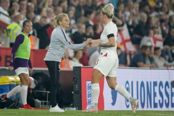 Head Coach Sarina Wiegman with Millie Bright of England after she is subbed during the FIFA Women's World Cup 2023 Qualifier group D match between...
