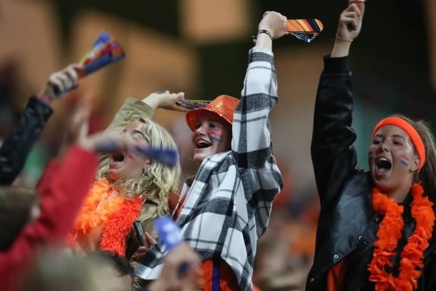 Fans are seen during the FIFA Women's World Cup 2023 Qualifier group C match between Netherlands and Czech Republic at Euroborg on September 17, 2021...