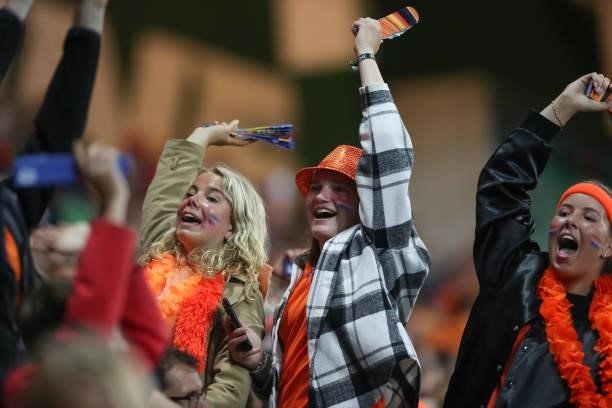 Fans are seen during the FIFA Women's World Cup 2023 Qualifier group C match between Netherlands and Czech Republic at Euroborg on September 17, 2021...