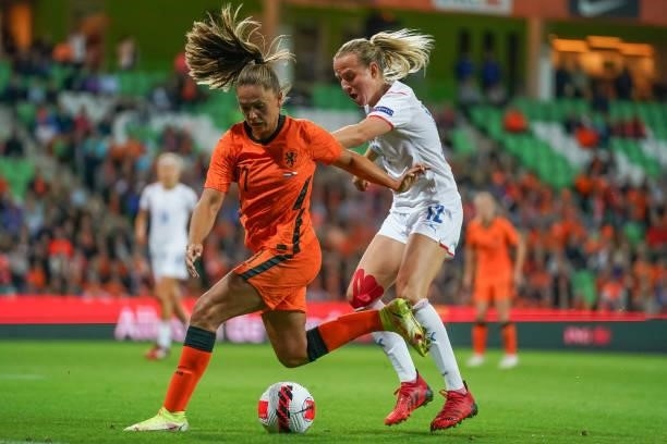 Lieke Martens of Netherlands cchallenges Klara Cahynova of Czech Republic during the FIFA Women's World Cup 2023 Qualifier group C match between...