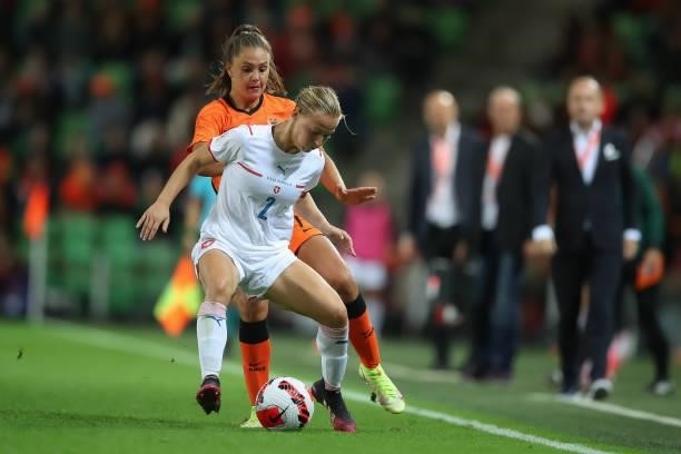 Anna Dlaskova of Czech Republic is tackled by Lieke Martens of Netherlands during the FIFA Women's World Cup 2023 Qualifier group C match between...