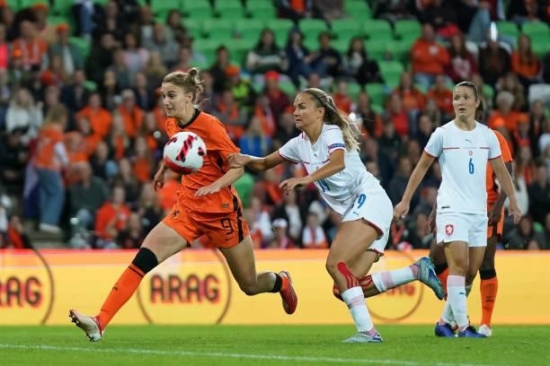 Vivianne Miedema of Netherlands is tackled by Simona Necidova of Czech Republic during the FIFA Women's World Cup 2023 Qualifier group C match...