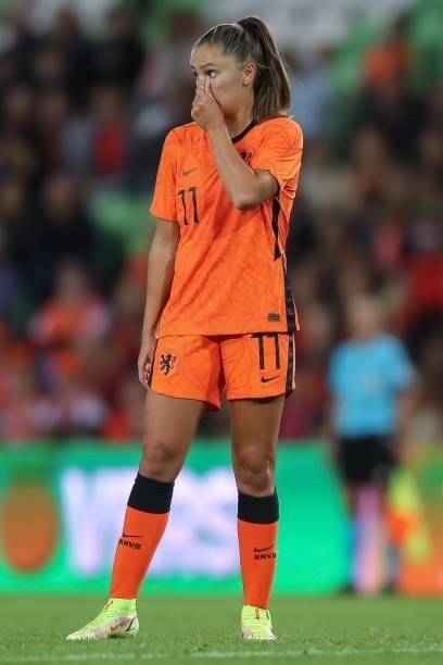 Stefanie van der Gragt of Netherlands reacts during the FIFA Women's World Cup 2023 Qualifier group C match between Netherlands and Czech Republic at...