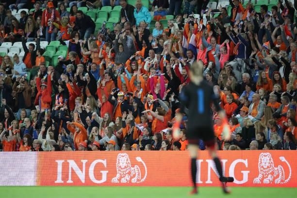 Fans make a Laola wave during the FIFA Women's World Cup 2023 Qualifier group C match between Netherlands and Czech Republic at Euroborg on September...