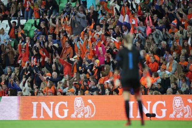 Fans make a Laola wave during the FIFA Women's World Cup 2023 Qualifier group C match between Netherlands and Czech Republic at Euroborg on September...