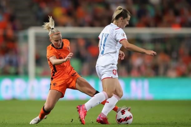Tereza Szewieczkova of Czech Republic is tackled by Jackie Groenen of Netherlands during the FIFA Women's World Cup 2023 Qualifier group C match...