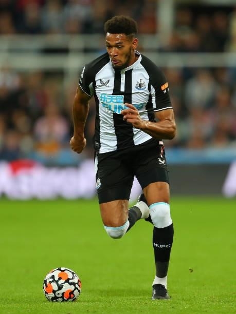 Joelinton of Newcastle United brings the ball forward during the Premier League match between Newcastle United and Leeds United at St. James Park on...