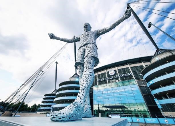 General view of the Vincent Kompany statue prior to the Premier League match between Manchester City and Southampton at Etihad Stadium on September...